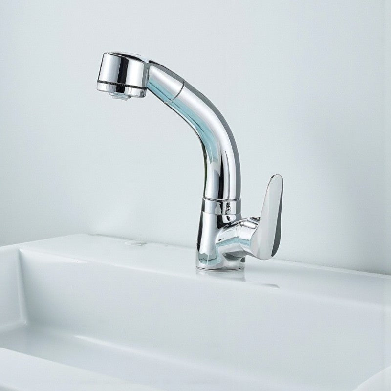 Drehbarer Waschbeckenhahn mit auf- und abbewegbarem Auslauf