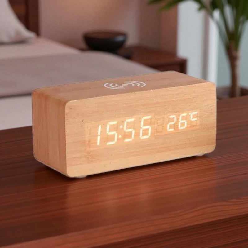Holz-Wecker mit kabellosem Laden und LED-Anzeige