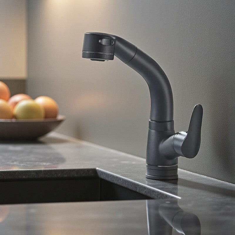 Drehbarer Waschbeckenhahn mit auf- und abbewegbarem Auslauf