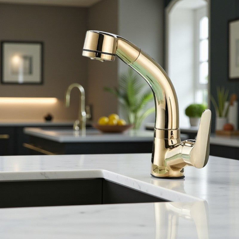 Drehbarer Waschbeckenhahn mit auf- und abbewegbarem Auslauf