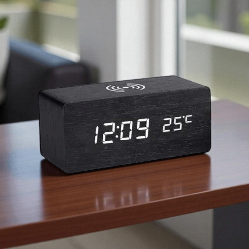 Holz-Wecker mit kabellosem Laden und LED-Anzeige