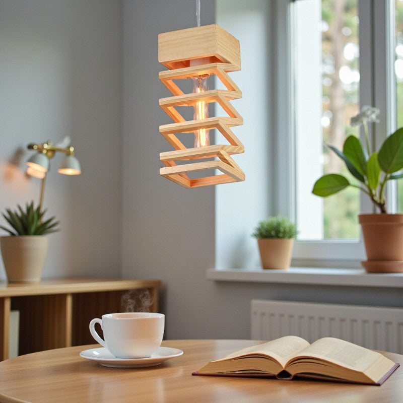 Moderne geometrische Hängelampe mit Holzdesign