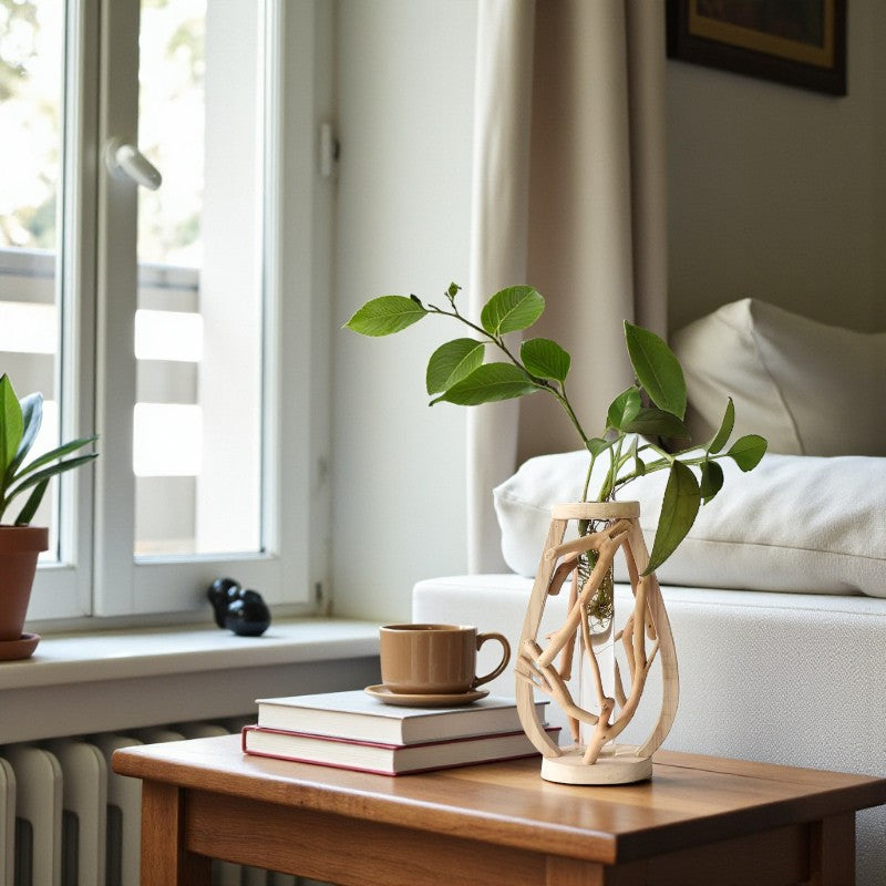 Holzvase mit natürlichem astinspiriertem Dekor für Zuhause