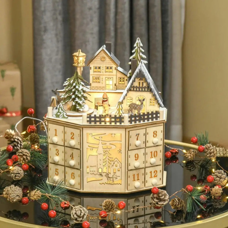 HearthGlow - Adventskalender aus Holz mit Hausdesign und LED-Licht