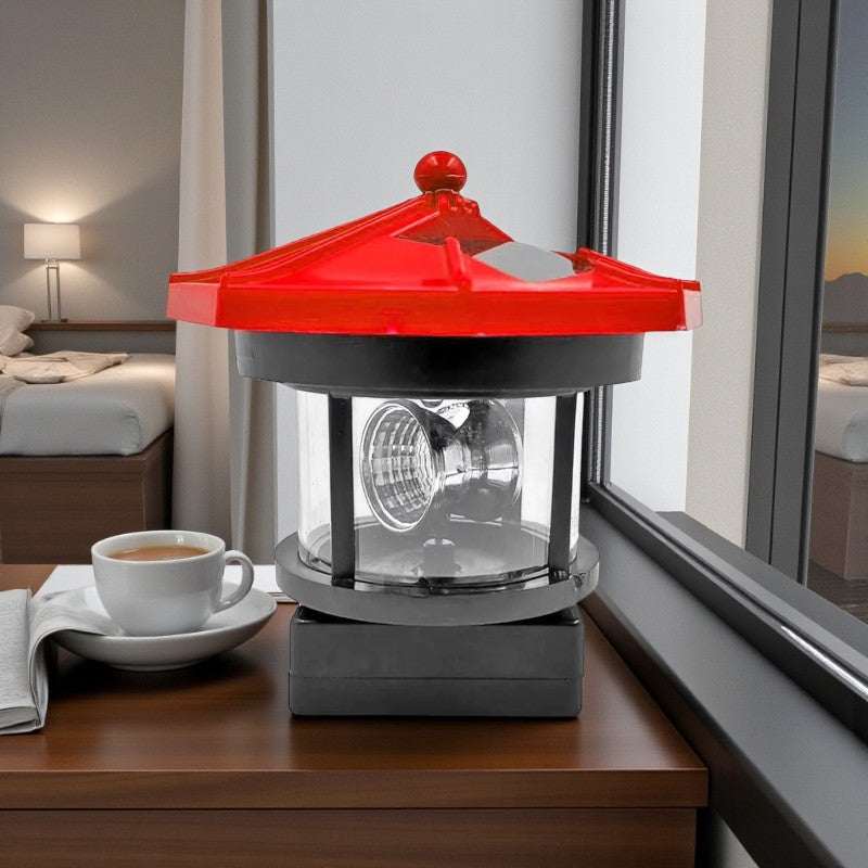 Solarbetriebene LED-Lampe mit Leuchtturm-Design und drehbarem Lichtstrahl