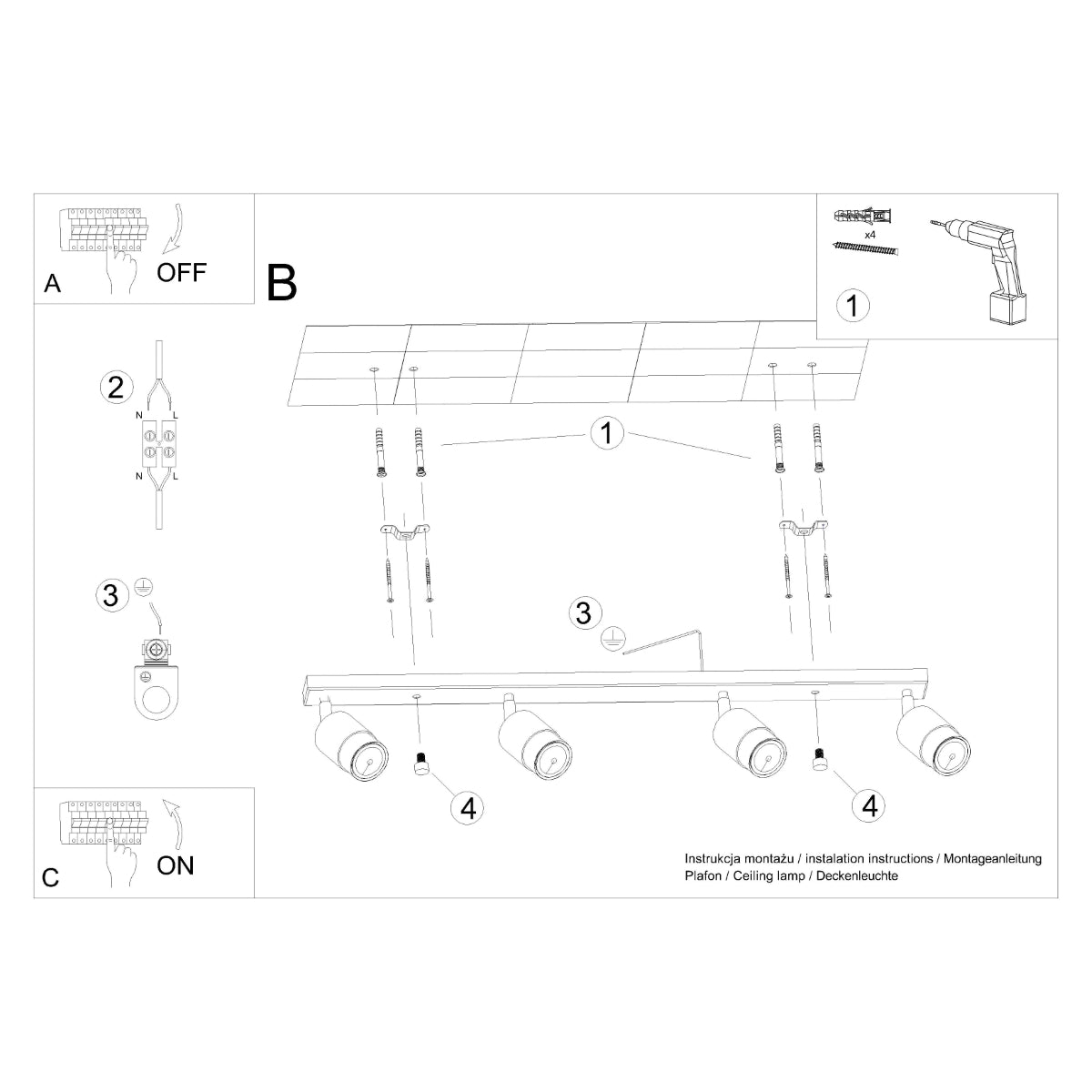 Radial - Deckenleuchte, schwarz/chrom, 4-flammig,