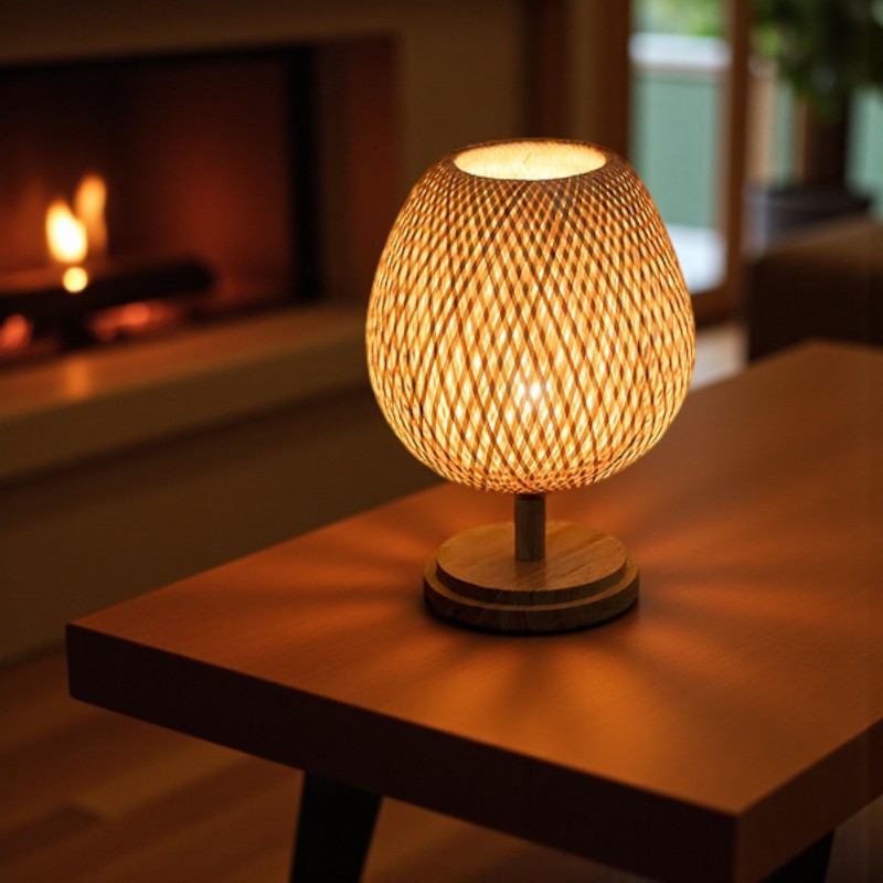 Handgefertigte Rattan-Holz-Nachttischlampe für warme Beleuchtung