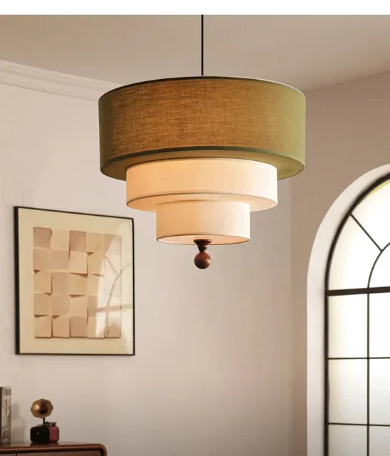 Polara - Boho-Hängeleuchte aus Stoff in Grün/Beige mit Holz-