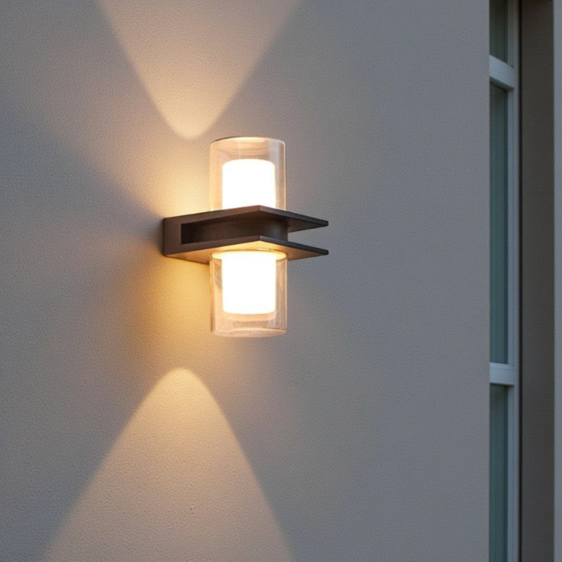 Moderne zylindrische Außenwandleuchte aus schwarzem Metall und Glas Elegante Beleuchtung