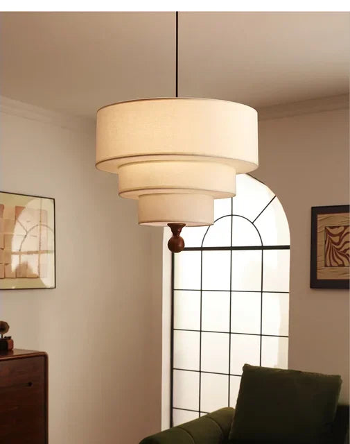 Polara - Boho-Hängeleuchte aus Stoff in Grün/Beige mit Holz-
