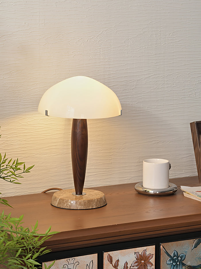 Mesalux - Elegante Tischlampe aus Glas & Walnuss mit Marmor