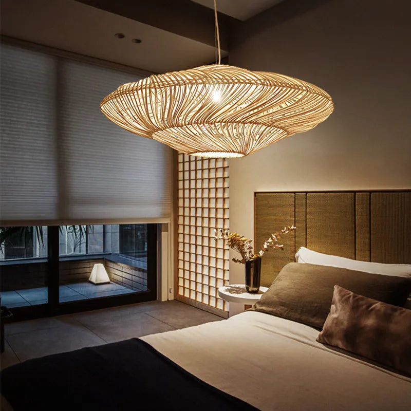 Japanische - Wabi-Sabi-Rattan-UFO-Pendelleuchte E27
