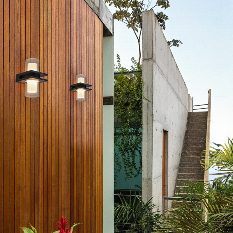 Moderne zylindrische Außenwandleuchte aus schwarzem Metall und Glas Elegante Beleuchtung