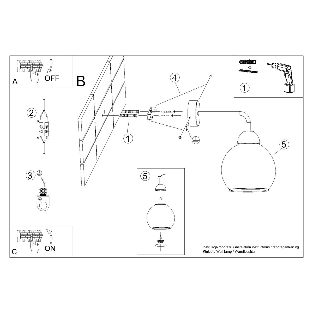 ALINO - 1 Wandleuchte, schwarz mit getöntem Glasschirm