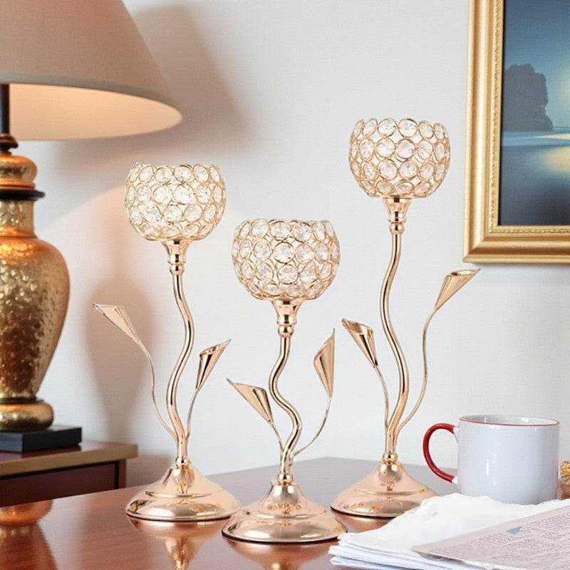 Kristall Blumen Kerzenhalter Set mit klassischem Metall Design