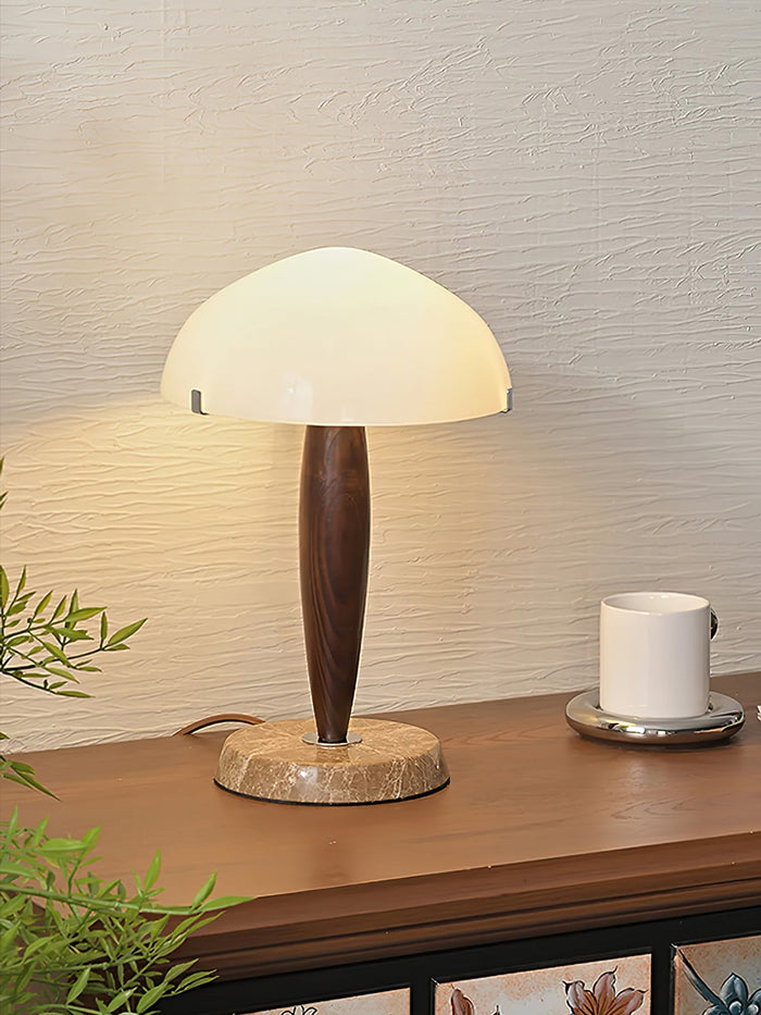 Mesalux - Elegante Tischlampe aus Glas & Walnuss mit Marmor