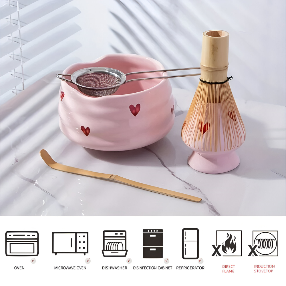 5-teiliges Matcha Set Rosa Herz – Japanisches Teeset mit Schale, Bambusbesen, Halter & Sieb