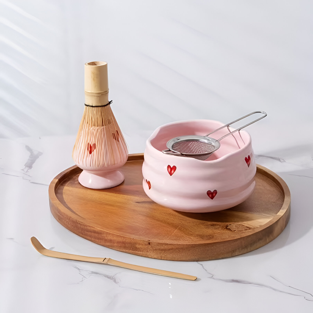 5-teiliges Matcha Set Rosa Herz – Japanisches Teeset mit Schale, Bambusbesen, Halter & Sieb