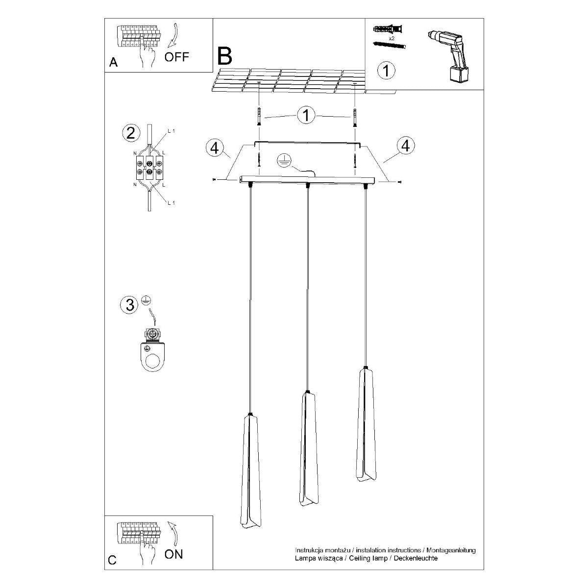 PRYSM - 3-flammige Pendelleuchte, Stahl schwarz, 45 x 5 x