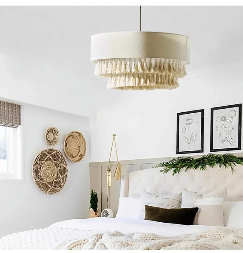 Boho - Wabi Sabi Stoff-Pendelleuchte mit Fransen