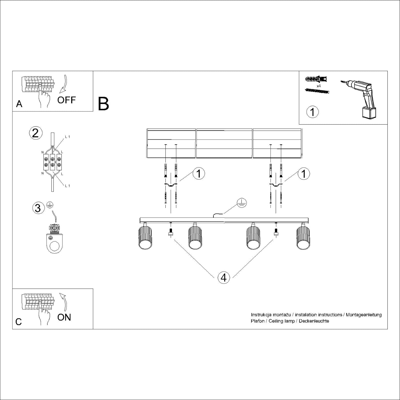 Radial - 4-flammige Deckenleuchte, olivgrün, aus Aluminium