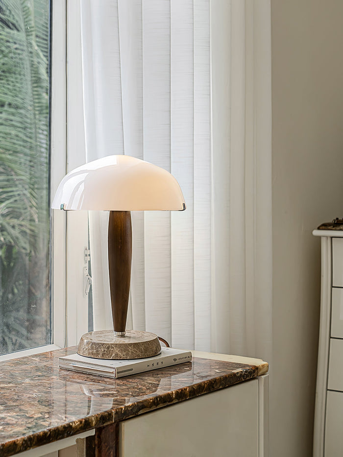 Mesalux - Elegante Tischlampe aus Glas & Walnuss mit Marmor