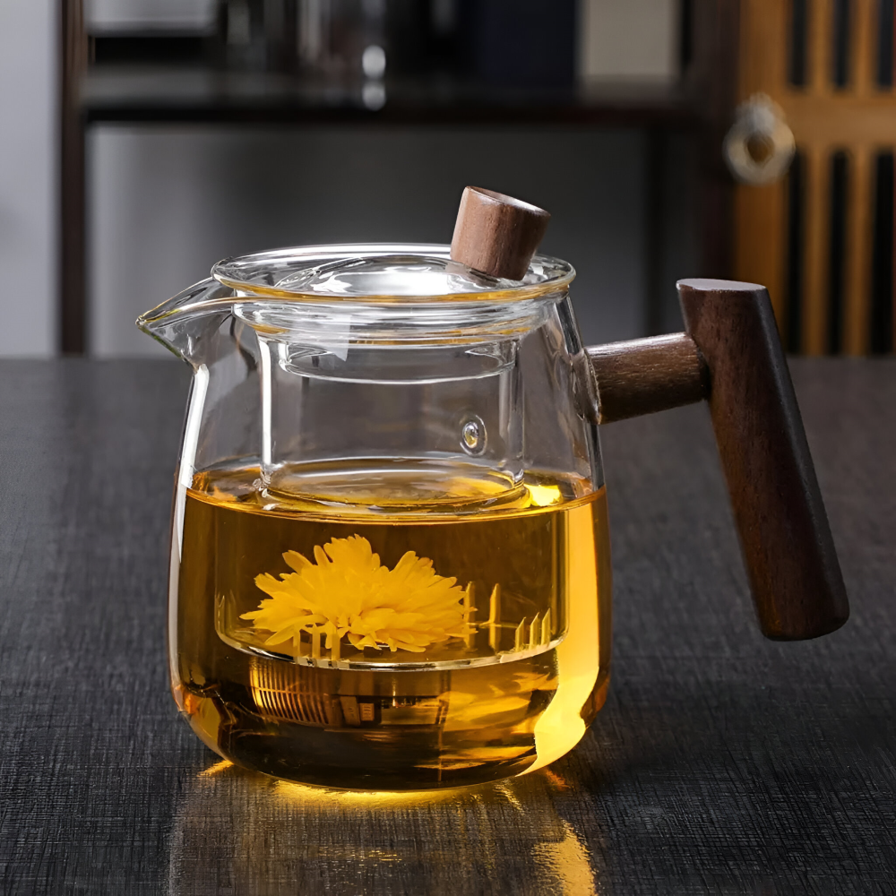 600ml Glas-Teekanne mit Holzgriff - Borosilikatglas, Rauchgrau