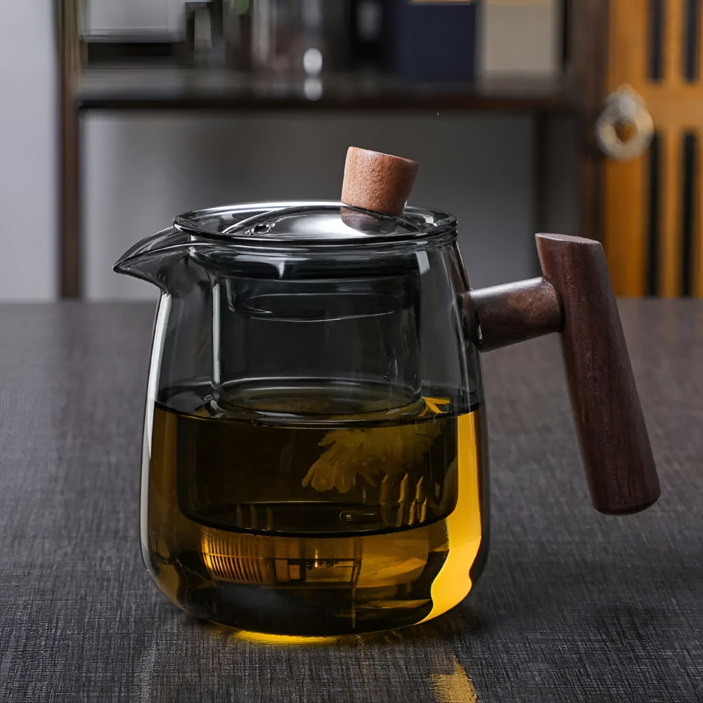 600ml Glas-Teekanne mit Holzgriff - Borosilikatglas, Rauchgrau