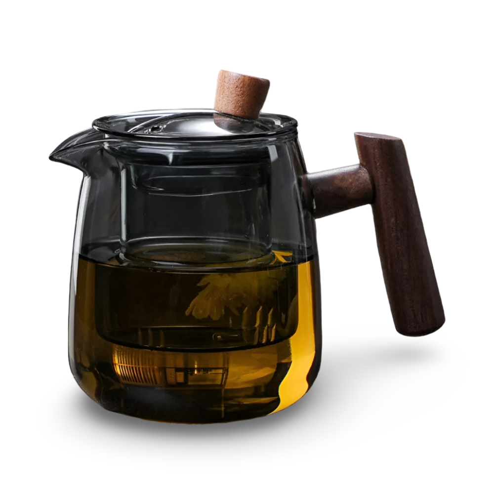 600ml Glas-Teekanne mit Holzgriff - Borosilikatglas, Rauchgrau
