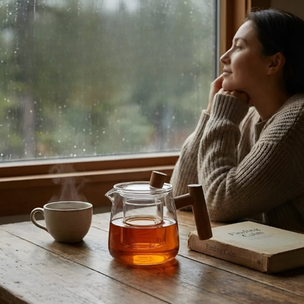 600ml Glas-Teekanne mit Holzgriff - Borosilikatglas, Rauchgrau