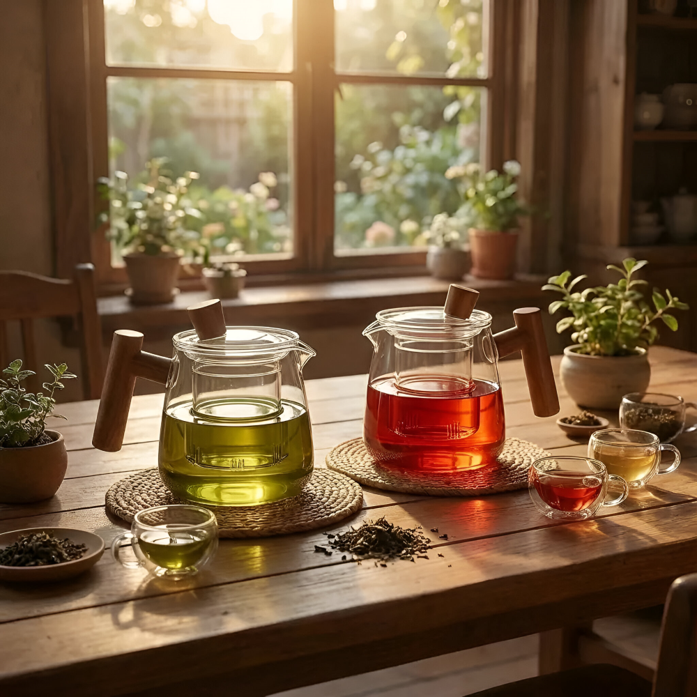 600ml Glas-Teekanne mit Holzgriff - Borosilikatglas, Rauchgrau