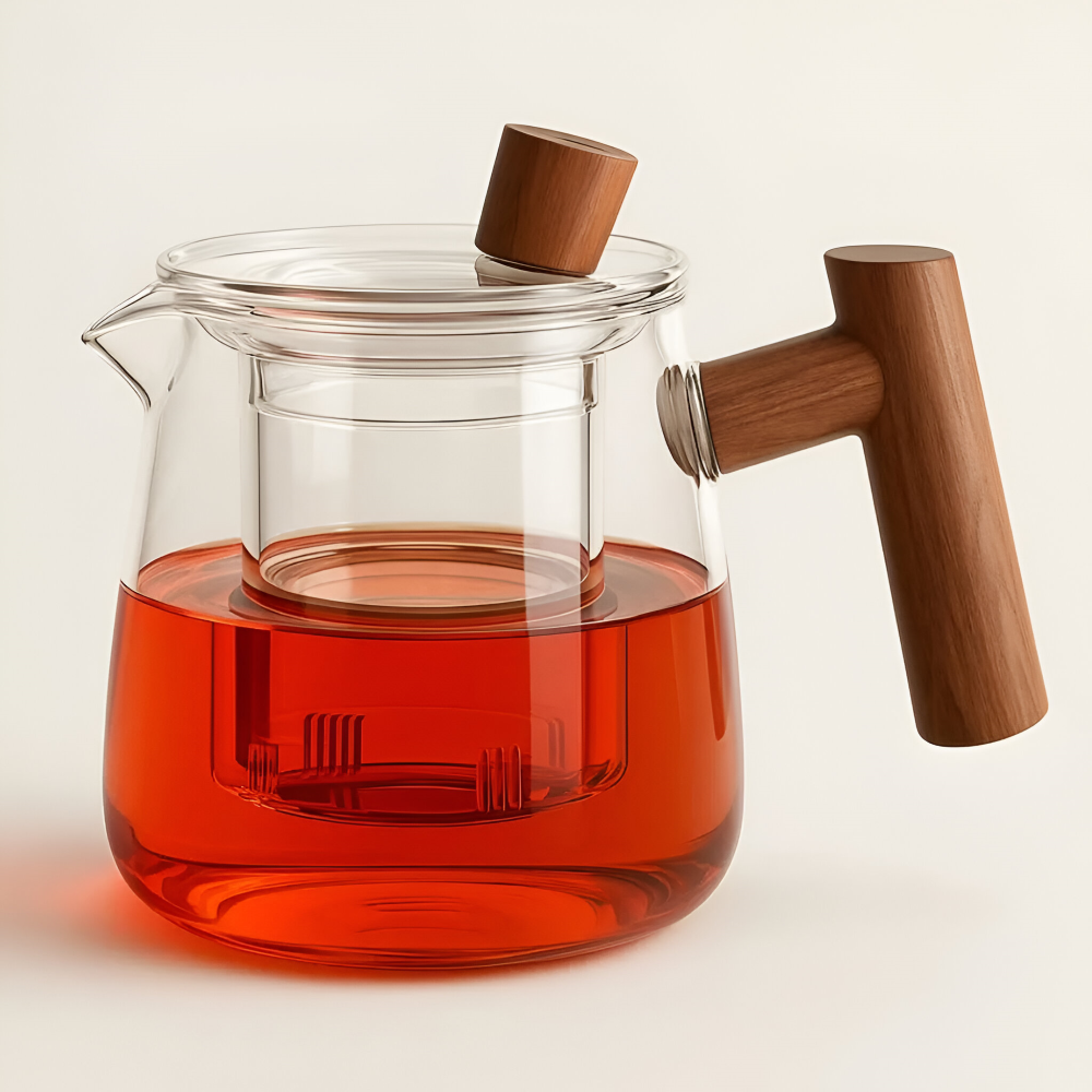 600ml Glas-Teekanne mit Holzgriff - Borosilikatglas, Rauchgrau