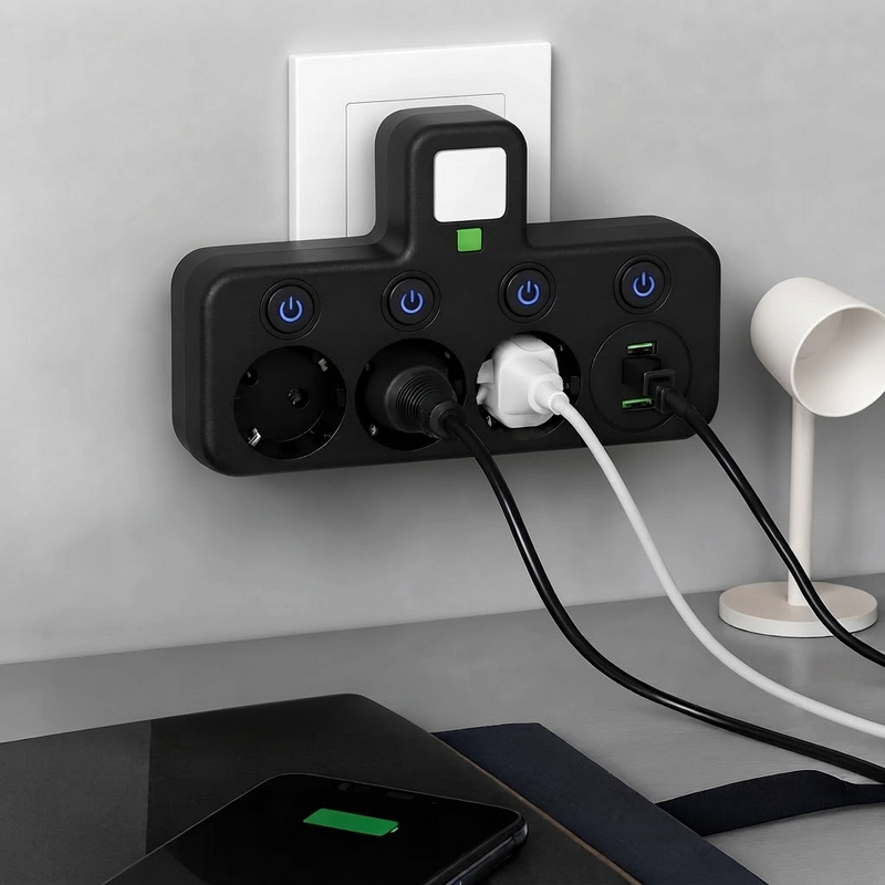 SocketFlow - Steckdosenleiste mit 3 Steckplätzen und USB- sowie Typ-C-Ladeanschlüssen