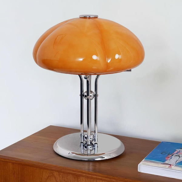 Lino - Bauhaus-Pilz-Tischleuchte mit bernsteinfarbenem