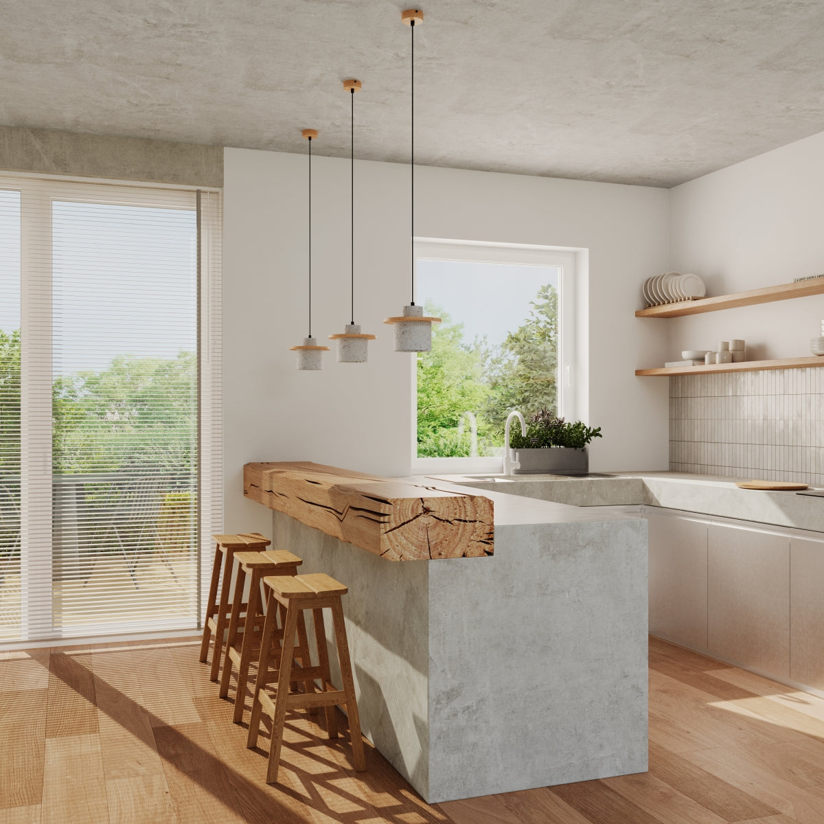 Plafona - Pendelleuchte aus Beton und Holz, Fassung E27