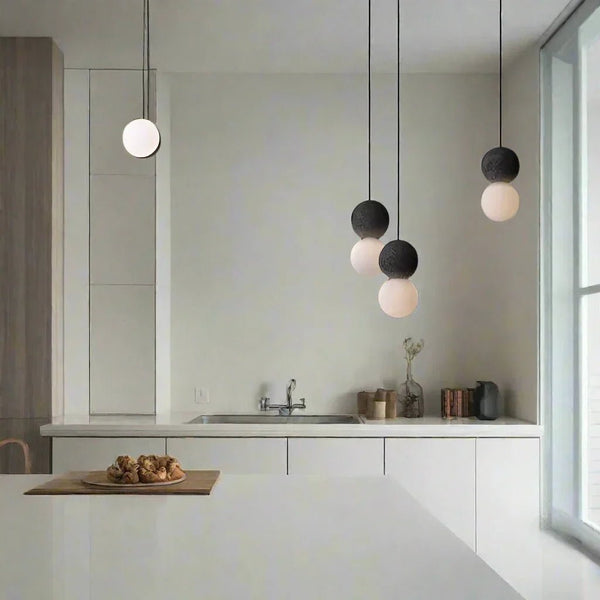 Geometrische - Pendelleuchte aus Sandstein und Glas