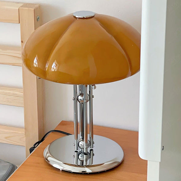 Lino - Bauhaus-Pilz-Tischleuchte mit bernsteinfarbenem