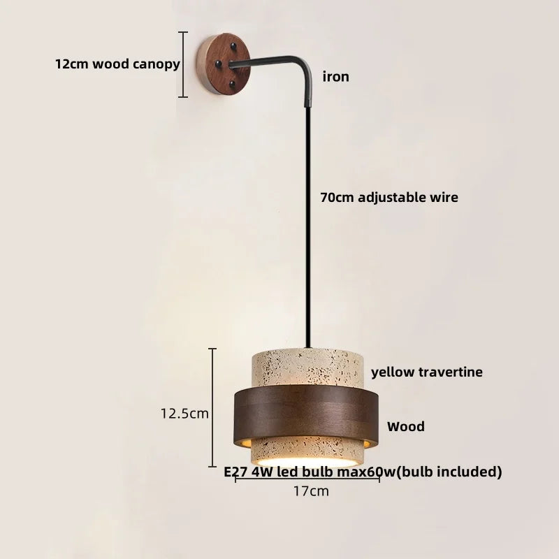 Lumera - Wandleuchte aus Travertin und Holz mit Zugschalter