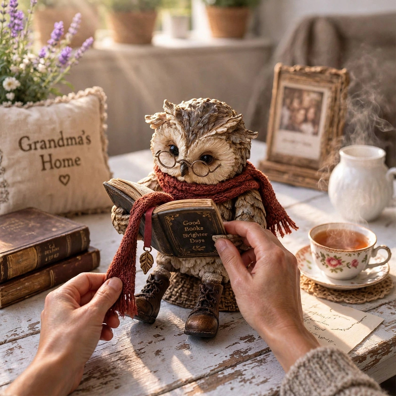 Lesevia – Lesende Eulenfigur mit Buch und runder Brille