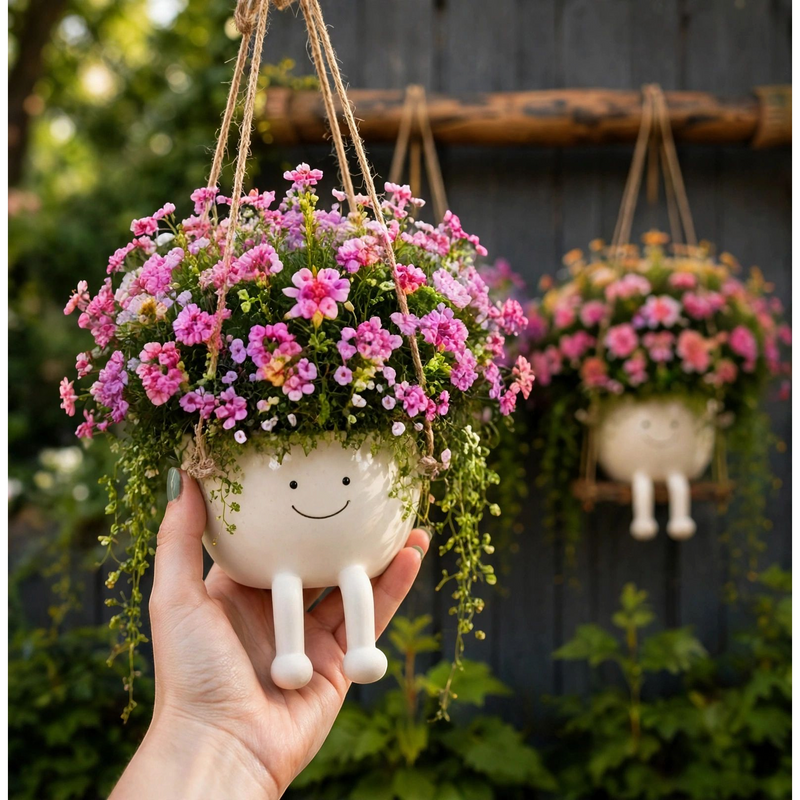 Florawipp – Schwingstuhl-Blumentopf mit Smiley-Detail