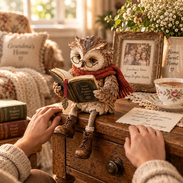 Lesevia – Lesende Eulenfigur mit Buch und runder Brille