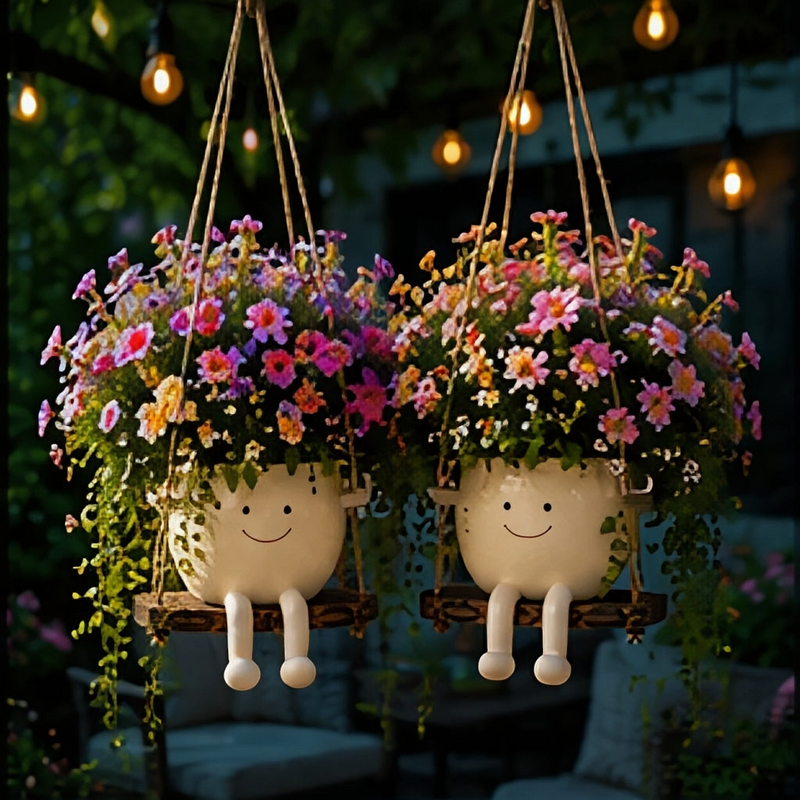 Florawipp – Schwingstuhl-Blumentopf mit Smiley-Detail