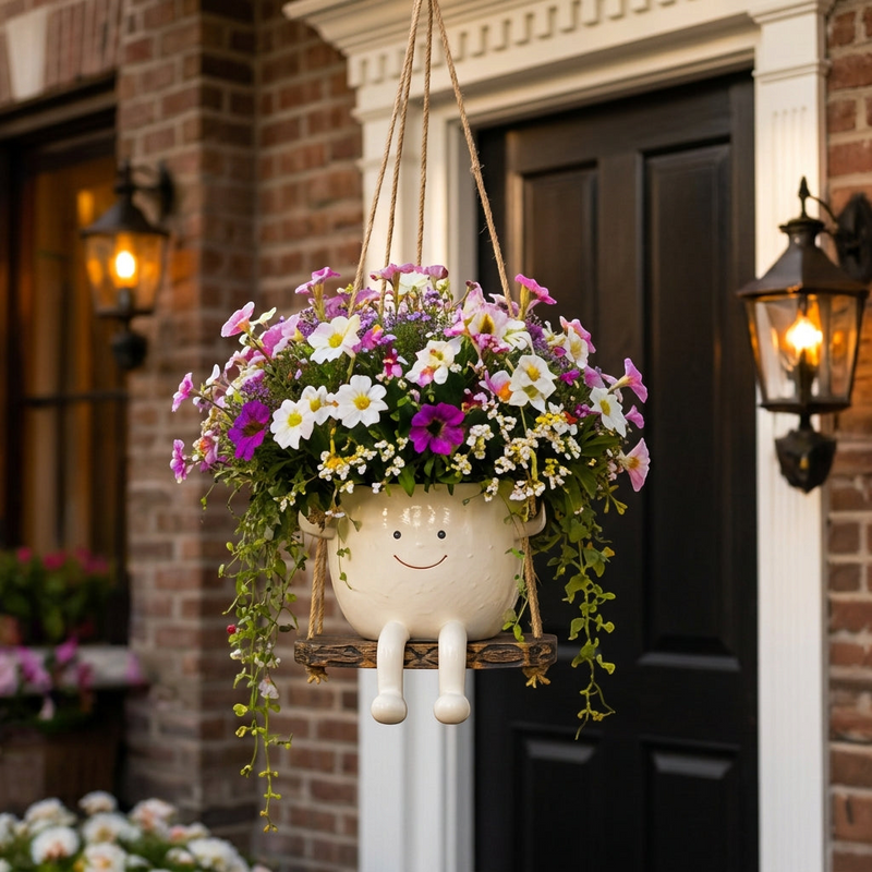 Florawipp – Schwingstuhl-Blumentopf mit Smiley-Detail