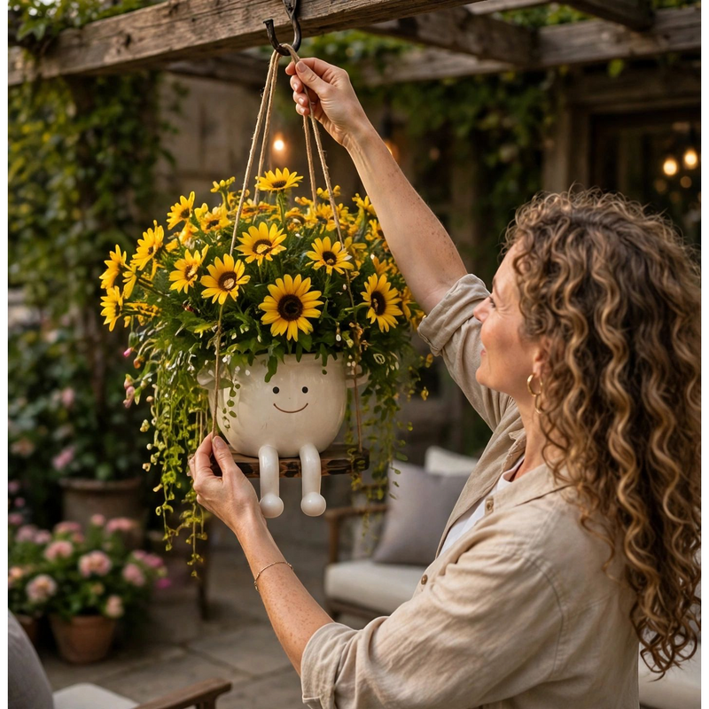 Florawipp – Schwingstuhl-Blumentopf mit Smiley-Detail