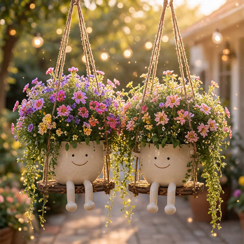 Florawipp – Schwingstuhl-Blumentopf mit Smiley-Detail