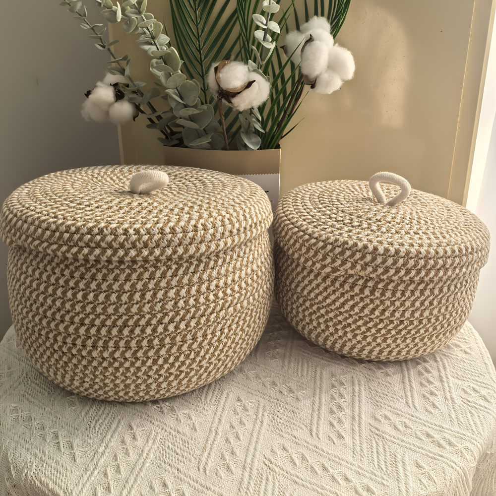 Boho - Aufbewahrungskorb rund mit Deckel aus Jute-Baumwolle