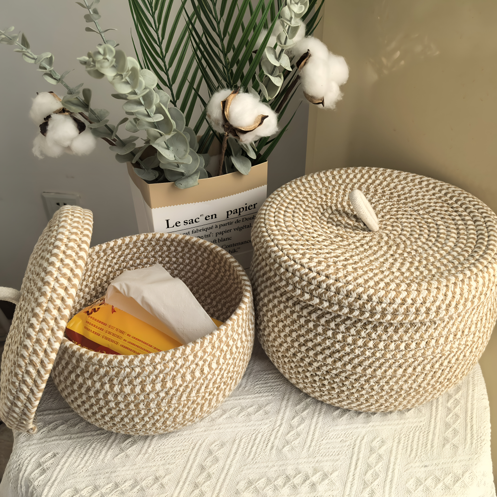 Boho - Aufbewahrungskorb rund mit Deckel aus Jute-Baumwolle