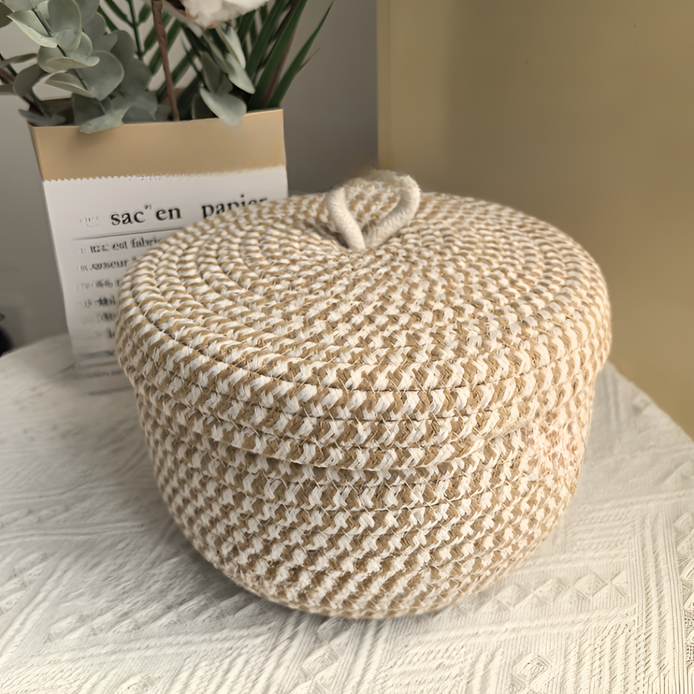 Boho - Aufbewahrungskorb rund mit Deckel aus Jute-Baumwolle