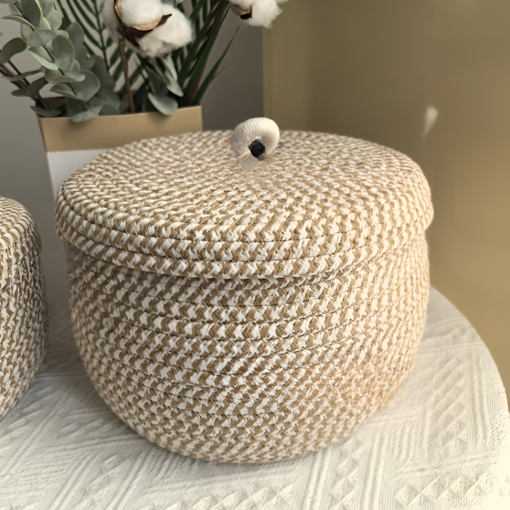 Boho - Aufbewahrungskorb rund mit Deckel aus Jute-Baumwolle
