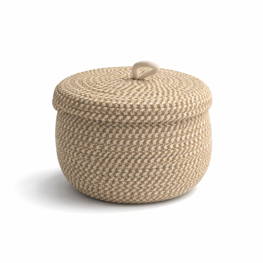 Boho - Aufbewahrungskorb rund mit Deckel aus Jute-Baumwolle